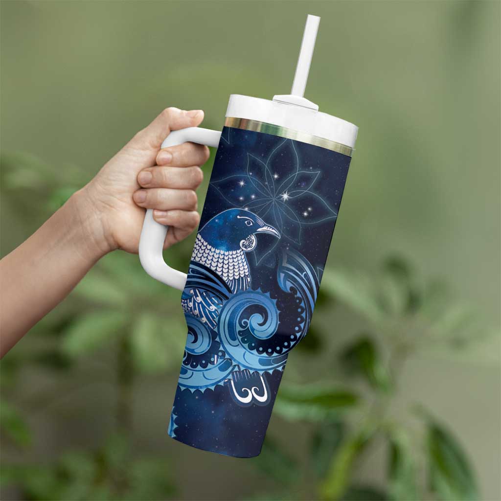 New Zealand Matariki Tumbler With Handle Maori Tui Bird Blue Galaxy