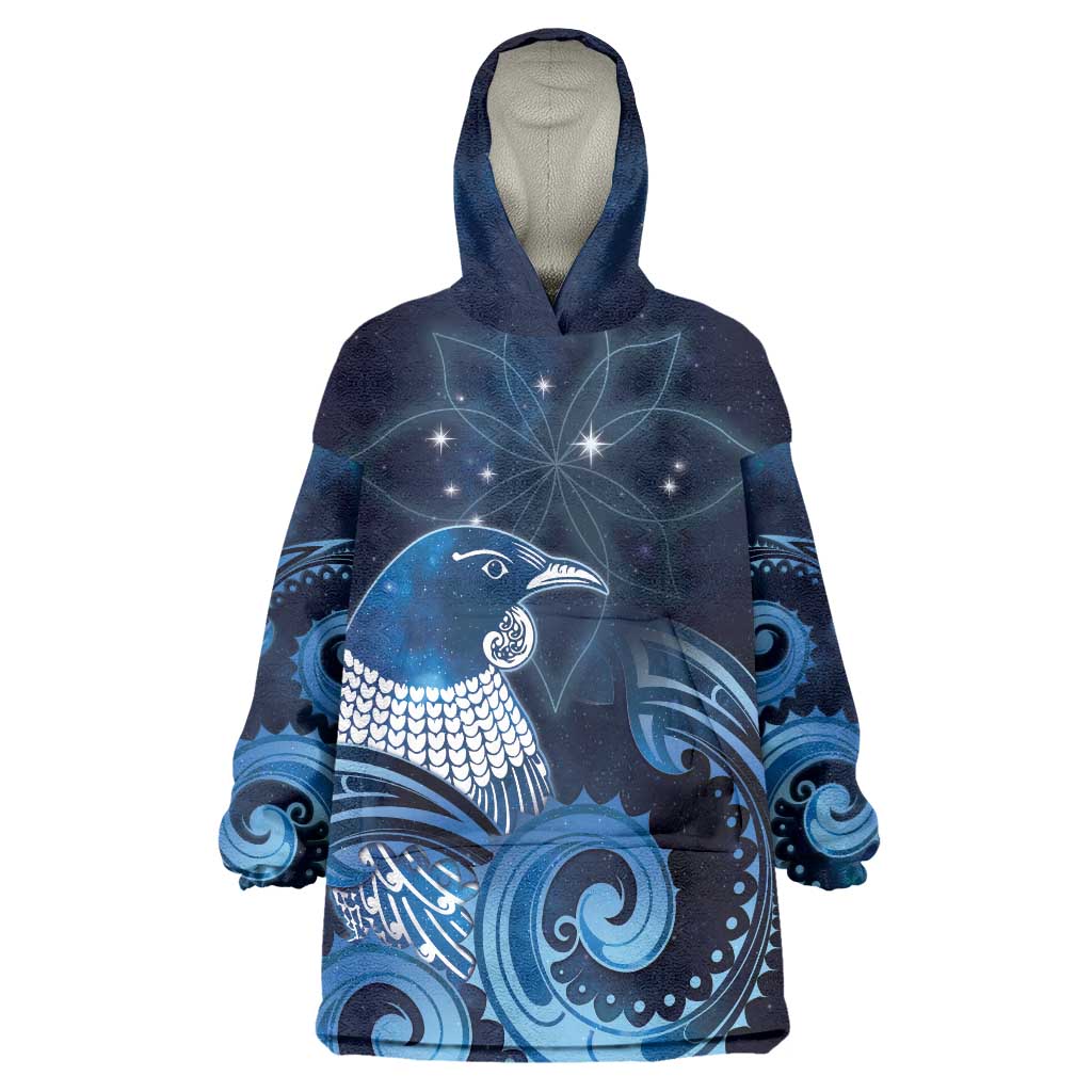 New Zealand Matariki Wearable Blanket Hoodie Maori Tui Bird Blue Galaxy DT05 One Size Blue - Polynesian Pride