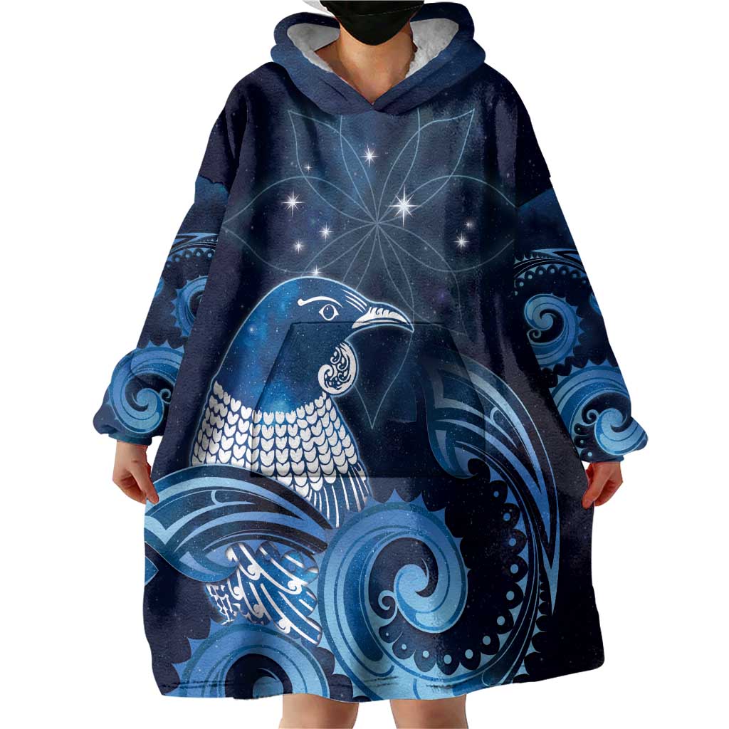 New Zealand Matariki Wearable Blanket Hoodie Maori Tui Bird Blue Galaxy DT05 - Polynesian Pride