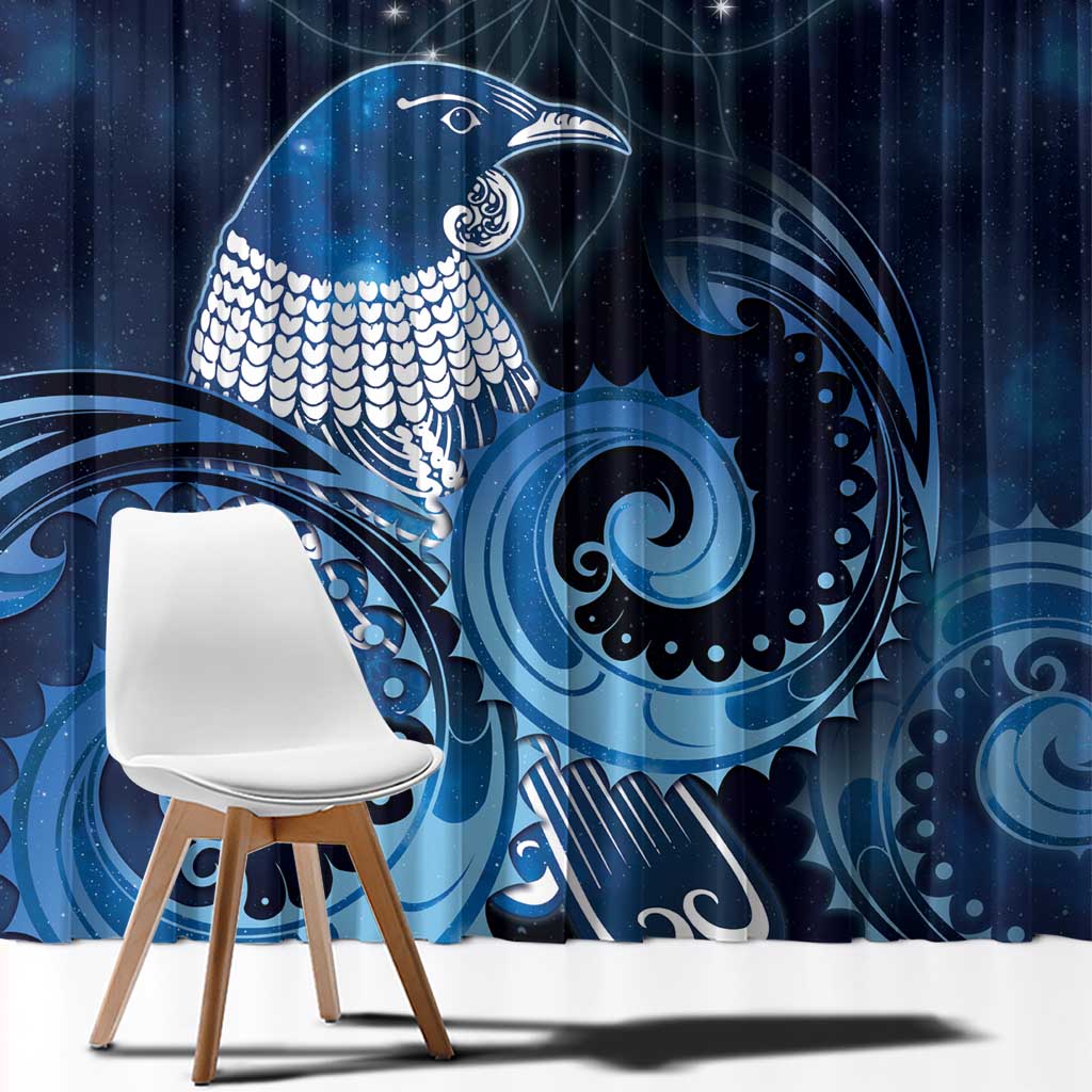 New Zealand Matariki Window Curtain Maori Tui Bird Blue Galaxy
