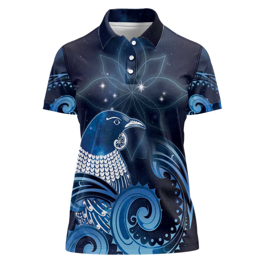 New Zealand Matariki Women Polo Shirt Maori Tui Bird Blue Galaxy