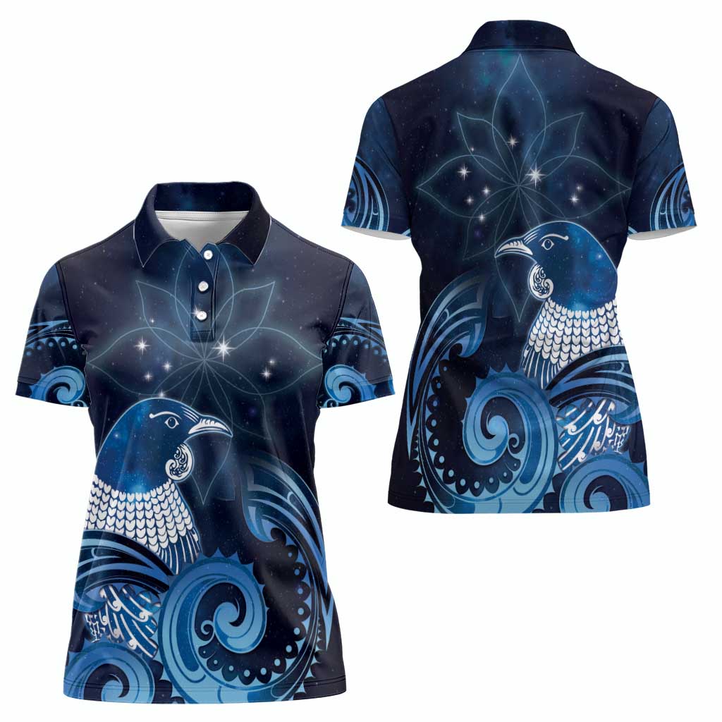 New Zealand Matariki Women Polo Shirt Maori Tui Bird Blue Galaxy DT05 - Polynesian Pride