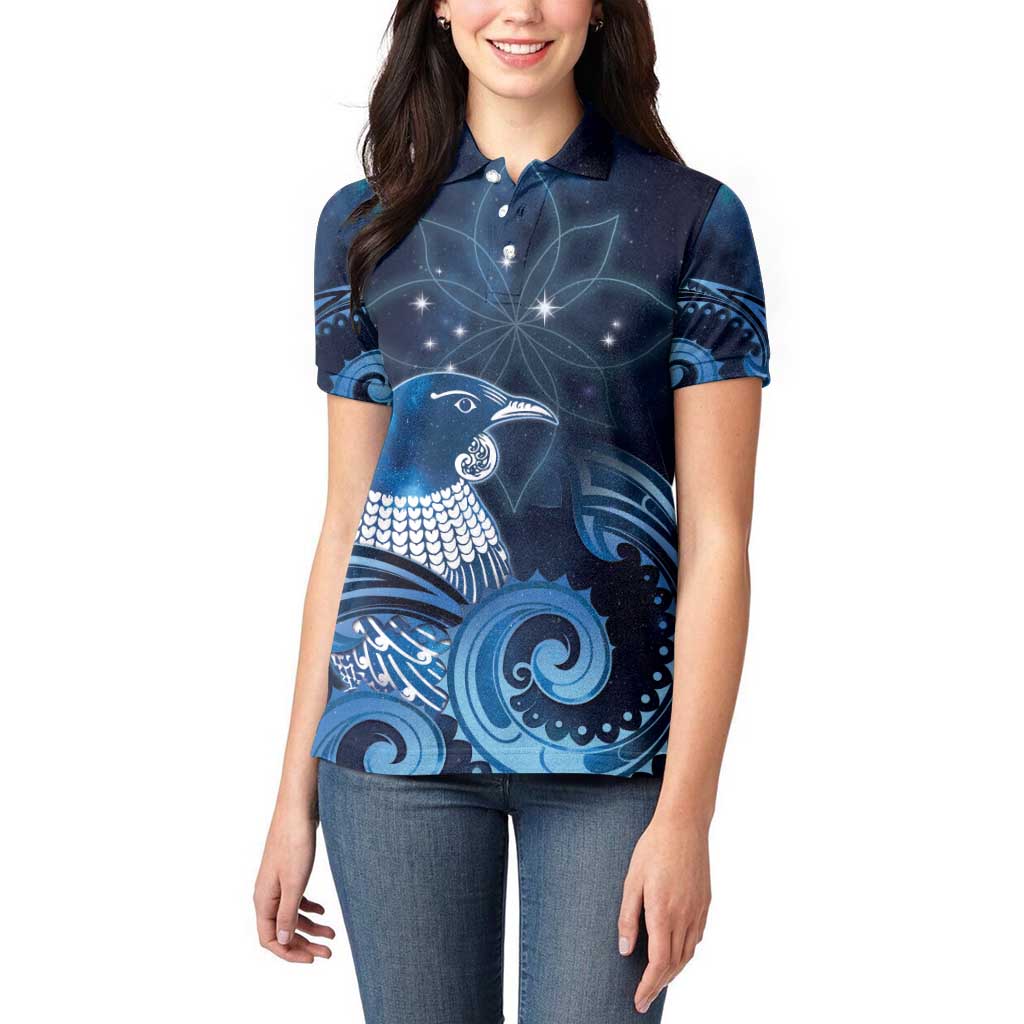 New Zealand Matariki Women Polo Shirt Maori Tui Bird Blue Galaxy DT05 - Polynesian Pride