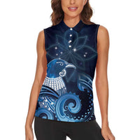 New Zealand Matariki Women Sleeveless Polo Shirt Maori Tui Bird Blue Galaxy