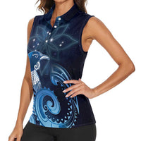 New Zealand Matariki Women Sleeveless Polo Shirt Maori Tui Bird Blue Galaxy