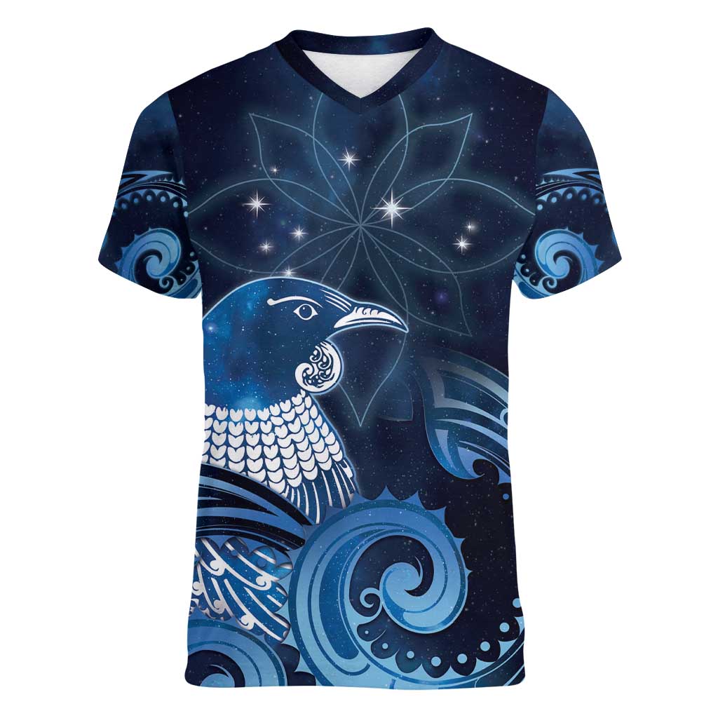 New Zealand Matariki Women V-Neck T-Shirt Maori Tui Bird Blue Galaxy DT05 Female Blue - Polynesian Pride