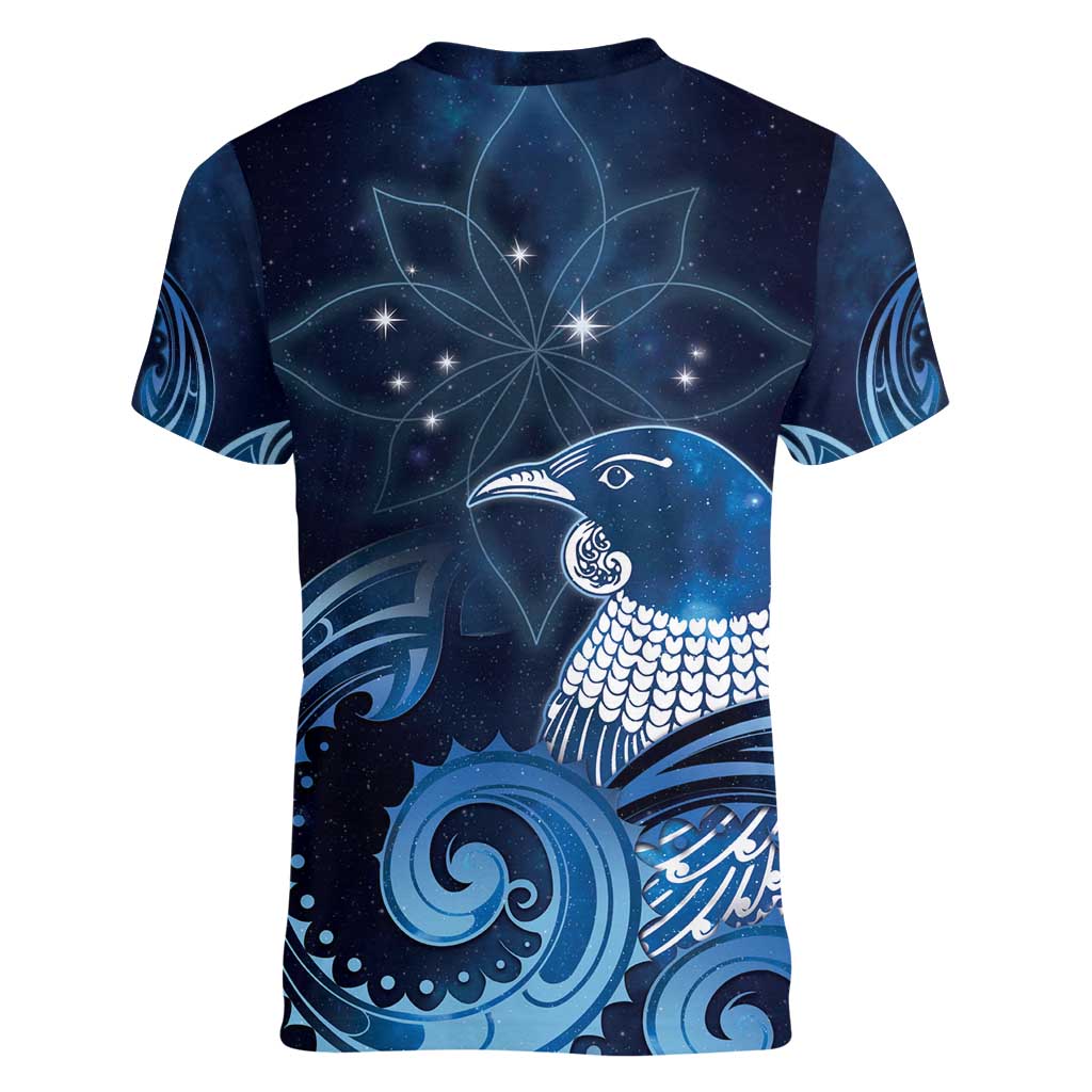 New Zealand Matariki Women V-Neck T-Shirt Maori Tui Bird Blue Galaxy DT05 - Polynesian Pride