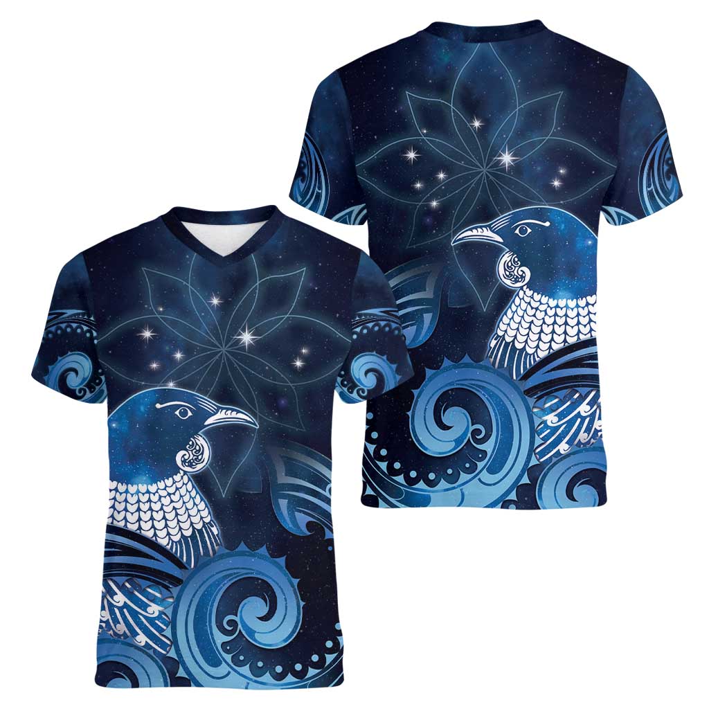 New Zealand Matariki Women V-Neck T-Shirt Maori Tui Bird Blue Galaxy DT05 - Polynesian Pride
