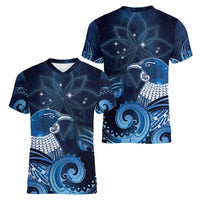 New Zealand Matariki Women V-Neck T-Shirt Maori Tui Bird Blue Galaxy DT05 - Polynesian Pride