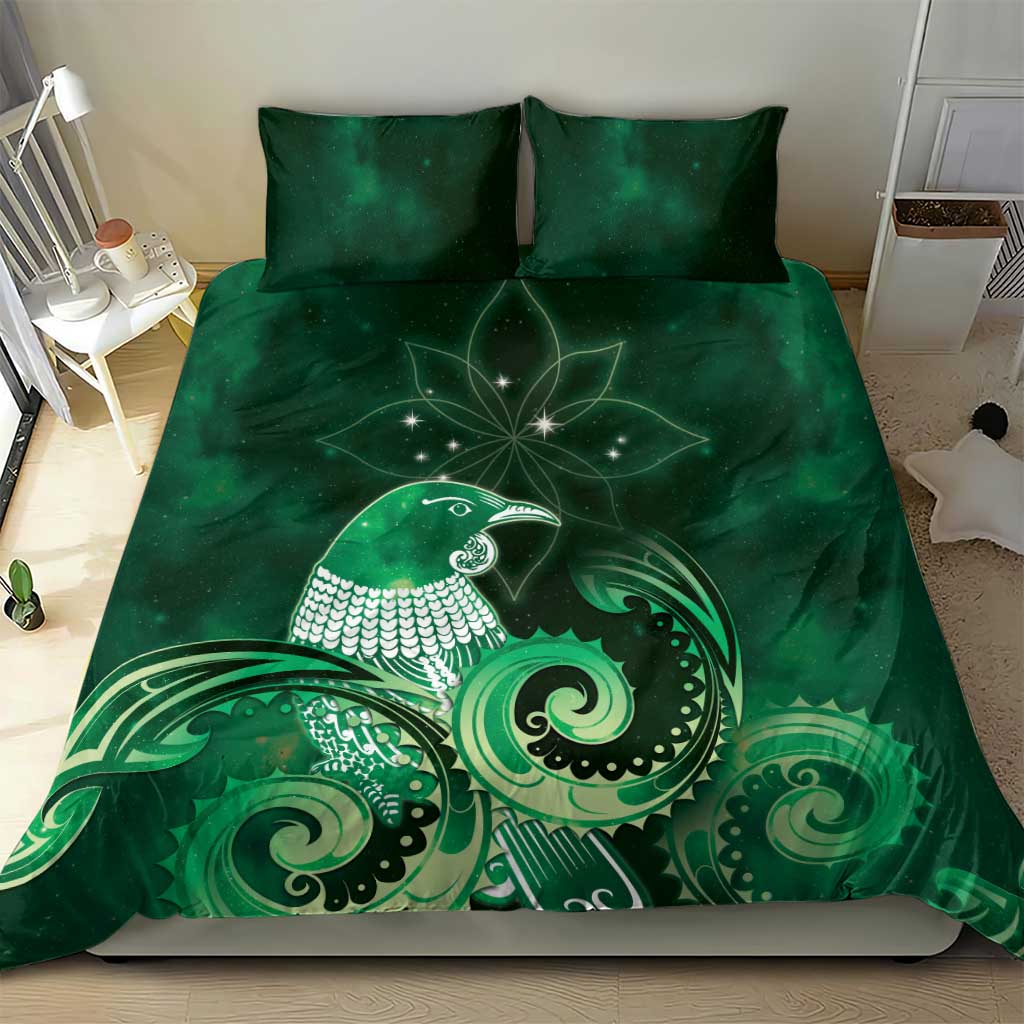 New Zealand Matariki Bedding Set Maori Tui Bird Green Galaxy