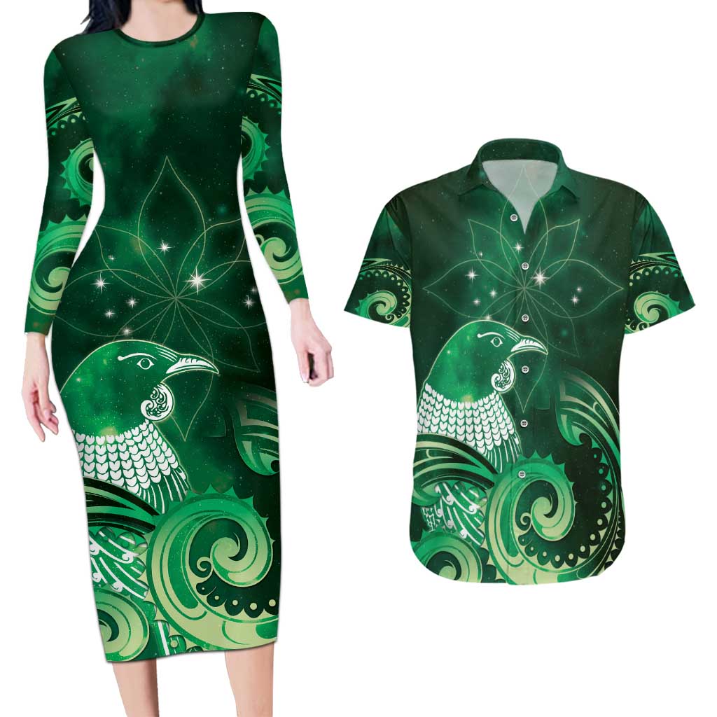 New Zealand Matariki Couples Matching Long Sleeve Bodycon Dress and Hawaiian Shirt Maori Tui Bird Green Galaxy DT05 Green - Polynesian Pride