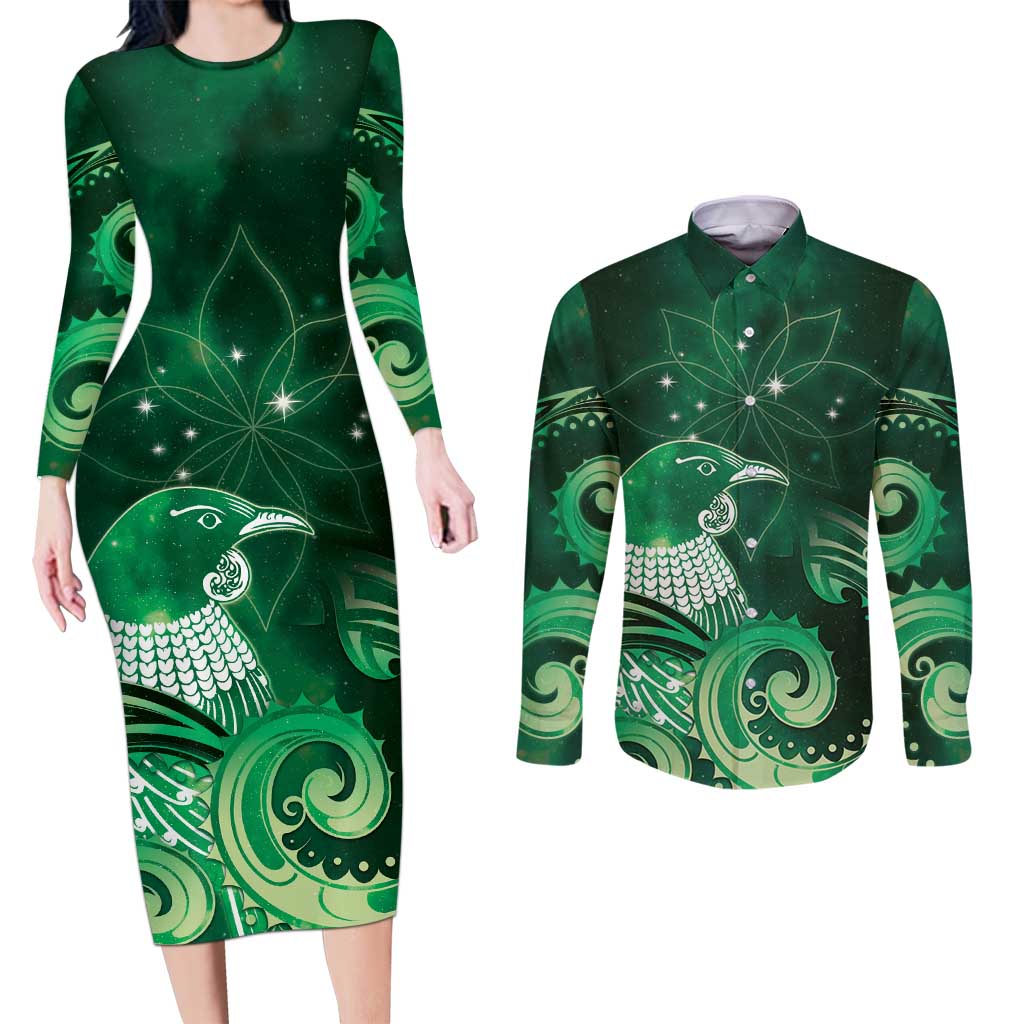 New Zealand Matariki Couples Matching Long Sleeve Bodycon Dress and Long Sleeve Button Shirt Maori Tui Bird Green Galaxy DT05 Green - Polynesian Pride