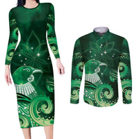 New Zealand Matariki Couples Matching Long Sleeve Bodycon Dress and Long Sleeve Button Shirt Maori Tui Bird Green Galaxy DT05 Green - Polynesian Pride
