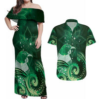 New Zealand Matariki Couples Matching Off Shoulder Maxi Dress and Hawaiian Shirt Maori Tui Bird Green Galaxy DT05 Green - Polynesian Pride