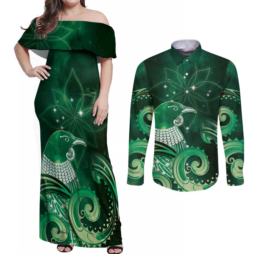 New Zealand Matariki Couples Matching Off Shoulder Maxi Dress and Long Sleeve Button Shirt Maori Tui Bird Green Galaxy DT05 Green - Polynesian Pride
