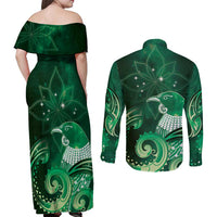 New Zealand Matariki Couples Matching Off Shoulder Maxi Dress and Long Sleeve Button Shirt Maori Tui Bird Green Galaxy DT05 - Polynesian Pride