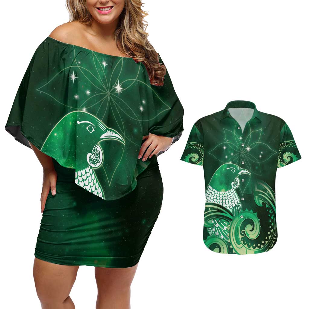 New Zealand Matariki Couples Matching Off Shoulder Short Dress and Hawaiian Shirt Maori Tui Bird Green Galaxy DT05 Green - Polynesian Pride