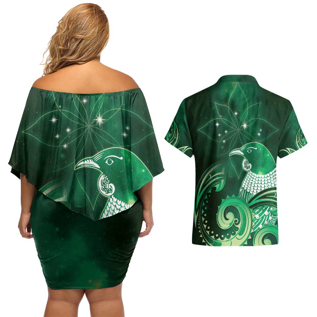 New Zealand Matariki Couples Matching Off Shoulder Short Dress and Hawaiian Shirt Maori Tui Bird Green Galaxy DT05 - Polynesian Pride