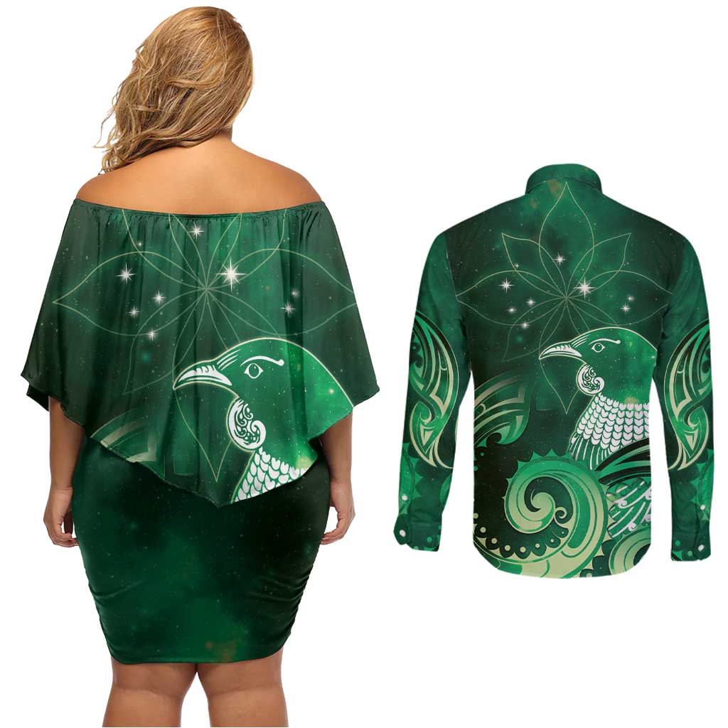 New Zealand Matariki Couples Matching Off Shoulder Short Dress and Long Sleeve Button Shirt Maori Tui Bird Green Galaxy DT05 - Polynesian Pride