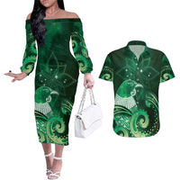New Zealand Matariki Couples Matching Off The Shoulder Long Sleeve Dress and Hawaiian Shirt Maori Tui Bird Green Galaxy DT05 Green - Polynesian Pride