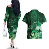New Zealand Matariki Couples Matching Off The Shoulder Long Sleeve Dress and Hawaiian Shirt Maori Tui Bird Green Galaxy DT05 - Polynesian Pride