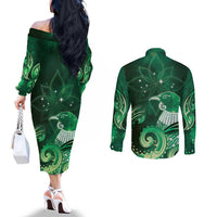New Zealand Matariki Couples Matching Off The Shoulder Long Sleeve Dress and Long Sleeve Button Shirt Maori Tui Bird Green Galaxy DT05 - Polynesian Pride
