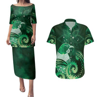 New Zealand Matariki Couples Matching Puletasi and Hawaiian Shirt Maori Tui Bird Green Galaxy DT05 Green - Polynesian Pride