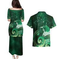 New Zealand Matariki Couples Matching Puletasi and Hawaiian Shirt Maori Tui Bird Green Galaxy DT05 - Polynesian Pride