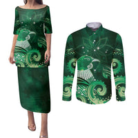 New Zealand Matariki Couples Matching Puletasi and Long Sleeve Button Shirt Maori Tui Bird Green Galaxy DT05 Green - Polynesian Pride