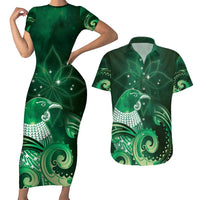 New Zealand Matariki Couples Matching Short Sleeve Bodycon Dress and Hawaiian Shirt Maori Tui Bird Green Galaxy DT05 Green - Polynesian Pride