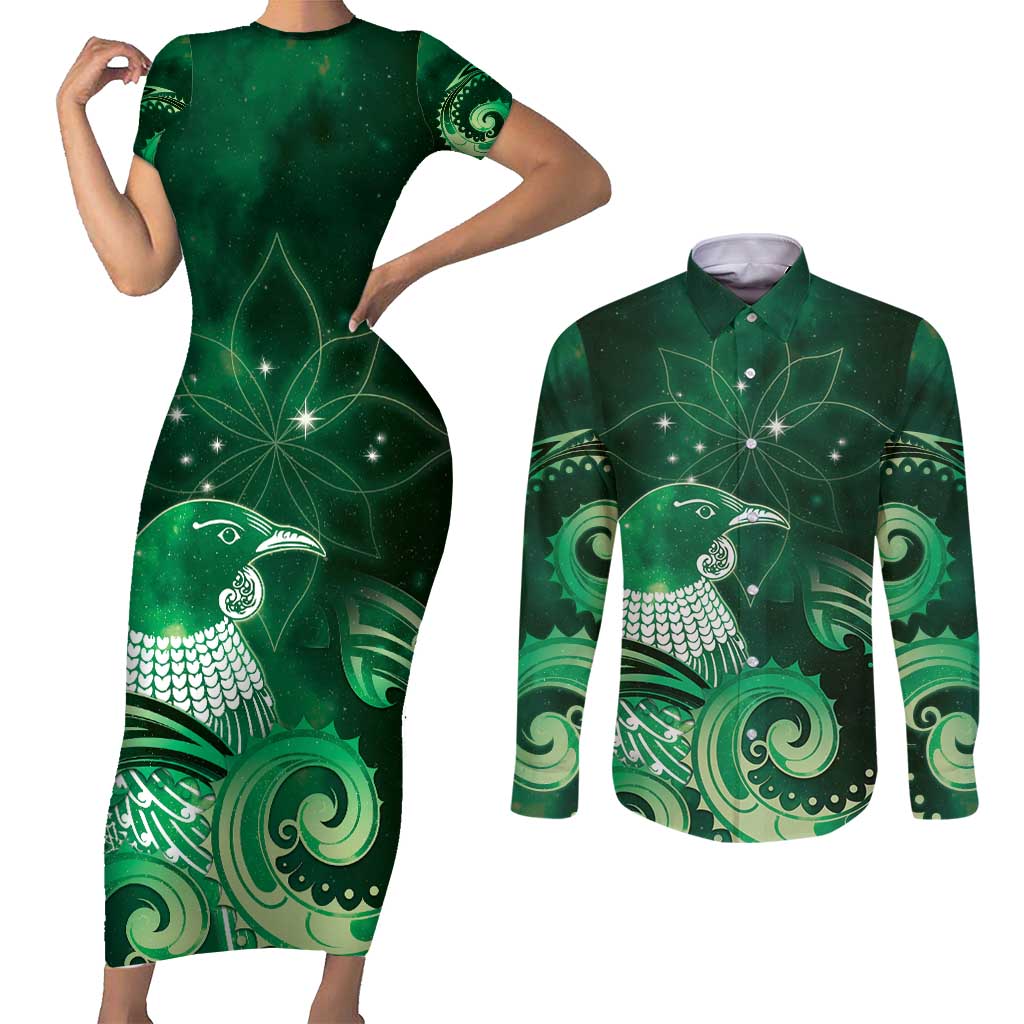 New Zealand Matariki Couples Matching Short Sleeve Bodycon Dress and Long Sleeve Button Shirt Maori Tui Bird Green Galaxy DT05 Green - Polynesian Pride