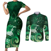 New Zealand Matariki Couples Matching Short Sleeve Bodycon Dress and Long Sleeve Button Shirt Maori Tui Bird Green Galaxy DT05 Green - Polynesian Pride