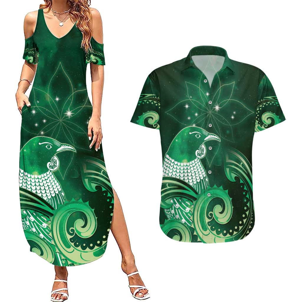 New Zealand Matariki Couples Matching Summer Maxi Dress and Hawaiian Shirt Maori Tui Bird Green Galaxy DT05 Green - Polynesian Pride