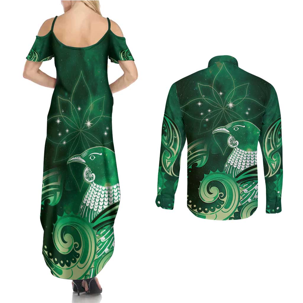 New Zealand Matariki Couples Matching Summer Maxi Dress and Long Sleeve Button Shirt Maori Tui Bird Green Galaxy DT05 - Polynesian Pride