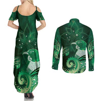 New Zealand Matariki Couples Matching Summer Maxi Dress and Long Sleeve Button Shirt Maori Tui Bird Green Galaxy DT05 - Polynesian Pride