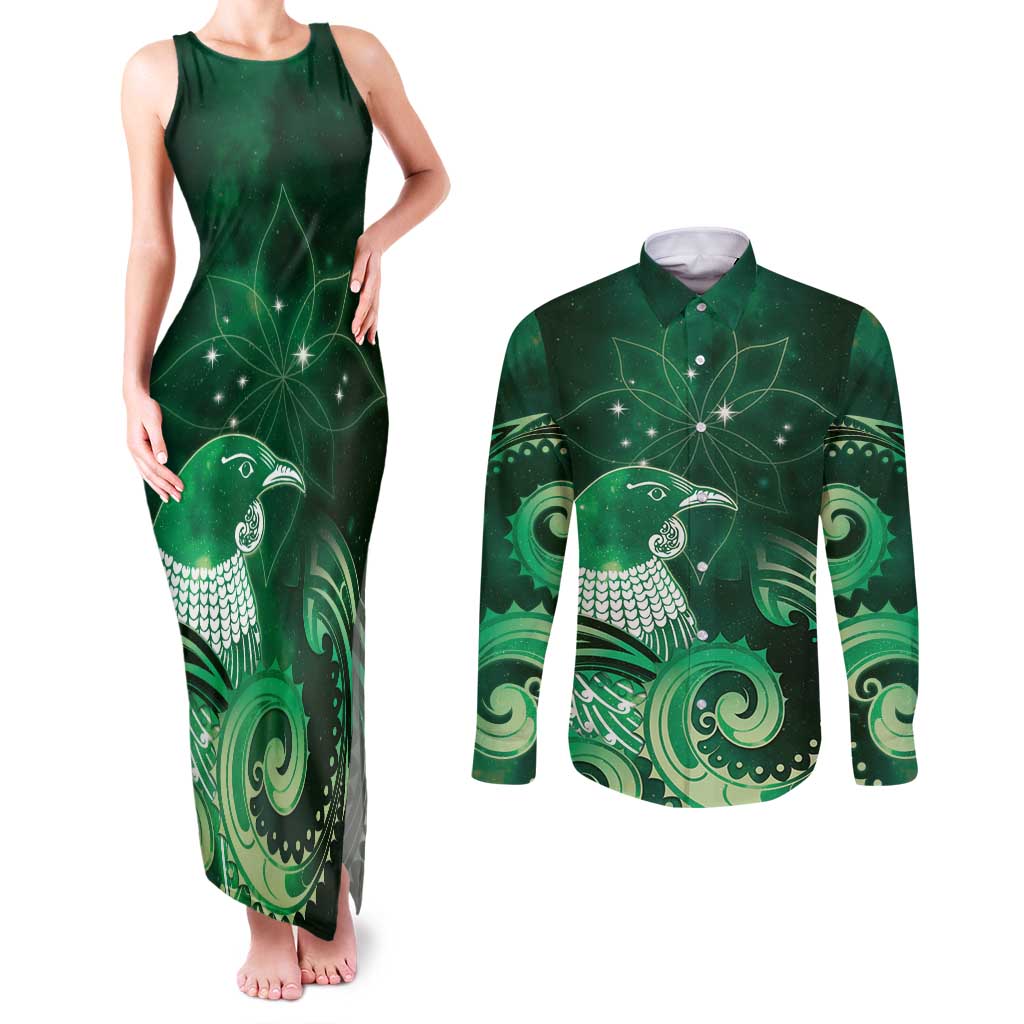 New Zealand Matariki Couples Matching Tank Maxi Dress and Long Sleeve Button Shirt Maori Tui Bird Green Galaxy DT05 Green - Polynesian Pride