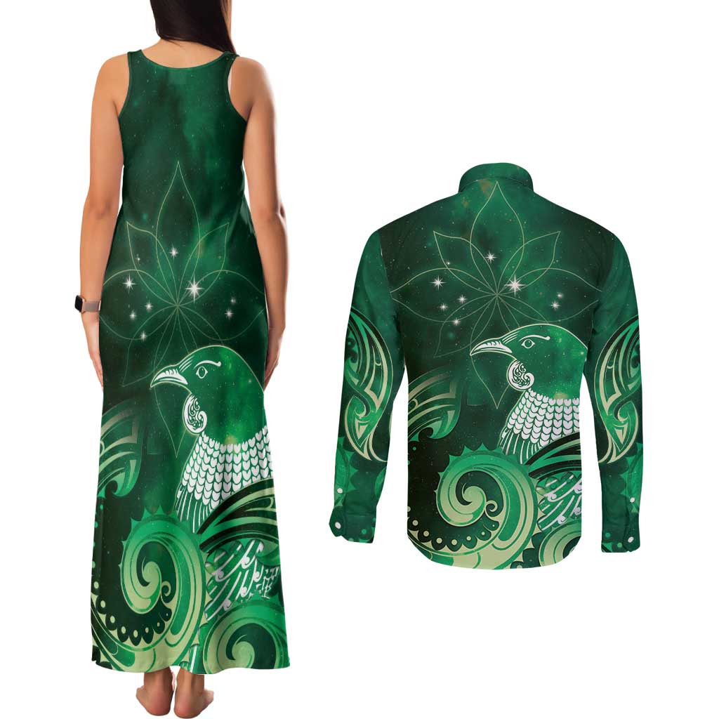New Zealand Matariki Couples Matching Tank Maxi Dress and Long Sleeve Button Shirt Maori Tui Bird Green Galaxy DT05 - Polynesian Pride