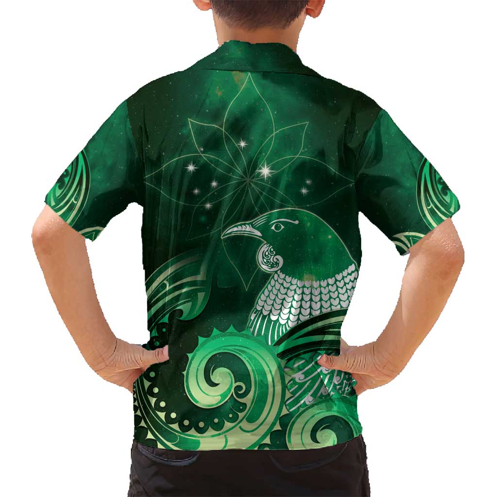 New Zealand Matariki Family Matching Long Sleeve Bodycon Dress and Hawaiian Shirt Maori Tui Bird Green Galaxy DT05 - Polynesian Pride