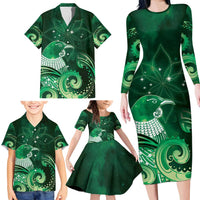 New Zealand Matariki Family Matching Long Sleeve Bodycon Dress and Hawaiian Shirt Maori Tui Bird Green Galaxy DT05 - Polynesian Pride
