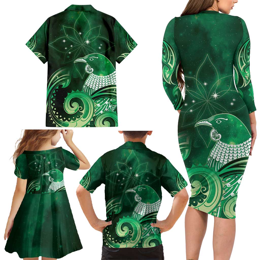 New Zealand Matariki Family Matching Long Sleeve Bodycon Dress and Hawaiian Shirt Maori Tui Bird Green Galaxy DT05 - Polynesian Pride
