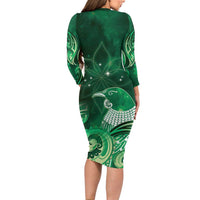 New Zealand Matariki Family Matching Long Sleeve Bodycon Dress and Hawaiian Shirt Maori Tui Bird Green Galaxy DT05 - Polynesian Pride