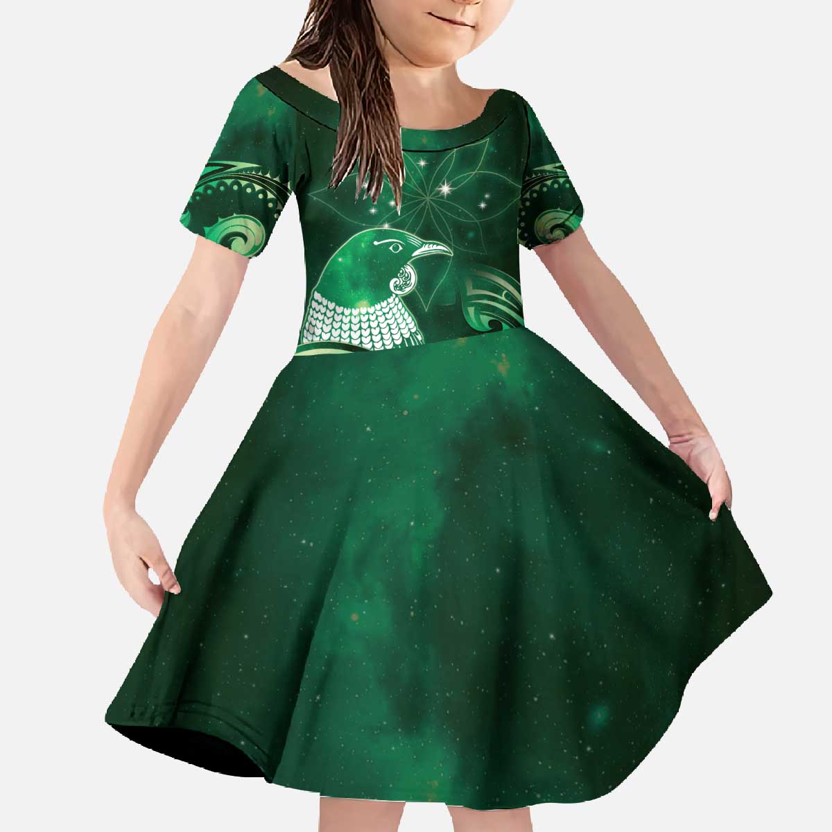 New Zealand Matariki Family Matching Off The Shoulder Long Sleeve Dress and Hawaiian Shirt Maori Tui Bird Green Galaxy DT05 Daughter's Dress Green - Polynesian Pride
