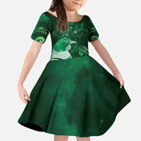 New Zealand Matariki Family Matching Off The Shoulder Long Sleeve Dress and Hawaiian Shirt Maori Tui Bird Green Galaxy DT05 Daughter's Dress Green - Polynesian Pride
