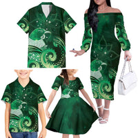 New Zealand Matariki Family Matching Off The Shoulder Long Sleeve Dress and Hawaiian Shirt Maori Tui Bird Green Galaxy DT05 - Polynesian Pride