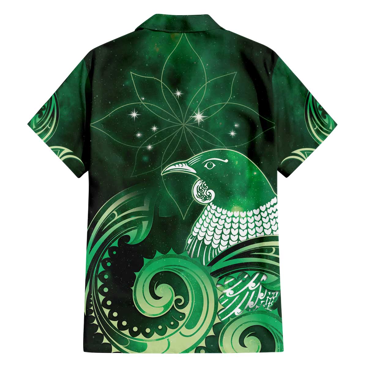 New Zealand Matariki Family Matching Off The Shoulder Long Sleeve Dress and Hawaiian Shirt Maori Tui Bird Green Galaxy DT05 - Polynesian Pride