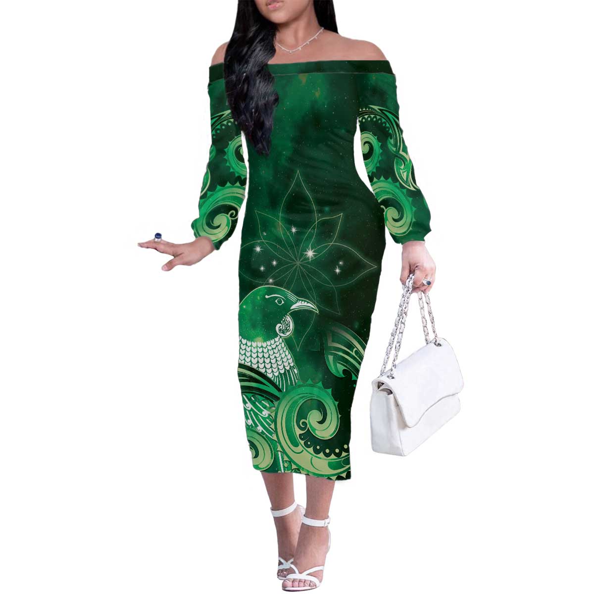 New Zealand Matariki Family Matching Off The Shoulder Long Sleeve Dress and Hawaiian Shirt Maori Tui Bird Green Galaxy DT05 Mom's Dress Green - Polynesian Pride
