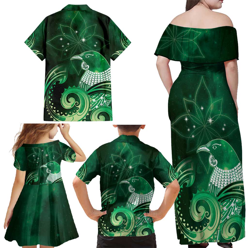 New Zealand Matariki Family Matching Off Shoulder Maxi Dress and Hawaiian Shirt Maori Tui Bird Green Galaxy DT05 - Polynesian Pride