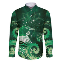 New Zealand Matariki Family Matching Off Shoulder Short Dress and Hawaiian Shirt Maori Tui Bird Green Galaxy DT05 Dad's Shirt - Long Sleeve Green - Polynesian Pride