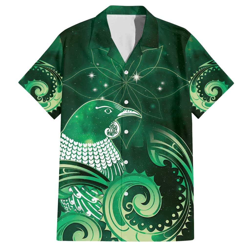 New Zealand Matariki Family Matching Puletasi and Hawaiian Shirt Maori Tui Bird Green Galaxy DT05 Dad's Shirt - Short Sleeve Green - Polynesian Pride
