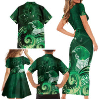 New Zealand Matariki Family Matching Short Sleeve Bodycon Dress and Hawaiian Shirt Maori Tui Bird Green Galaxy DT05 - Polynesian Pride